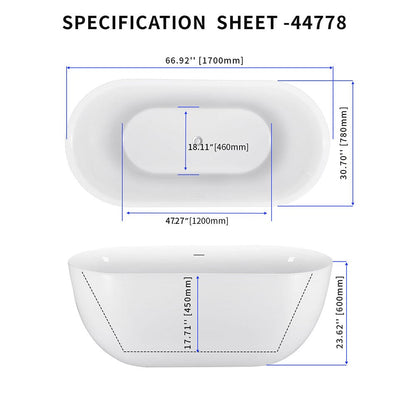 67" Acrylic Oval Large Space Freestanding Soaking Bathtub White