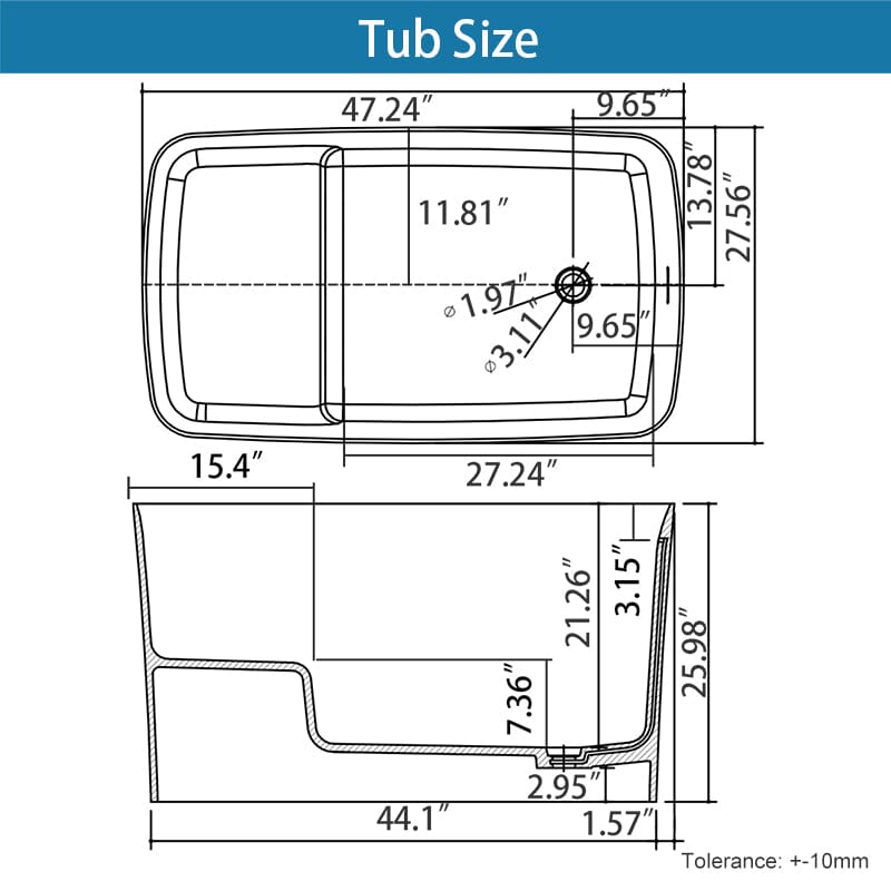 47'' Solid Surface Stone Resin Freestanding Japanese Soaking Bathtub with Built-in Seat