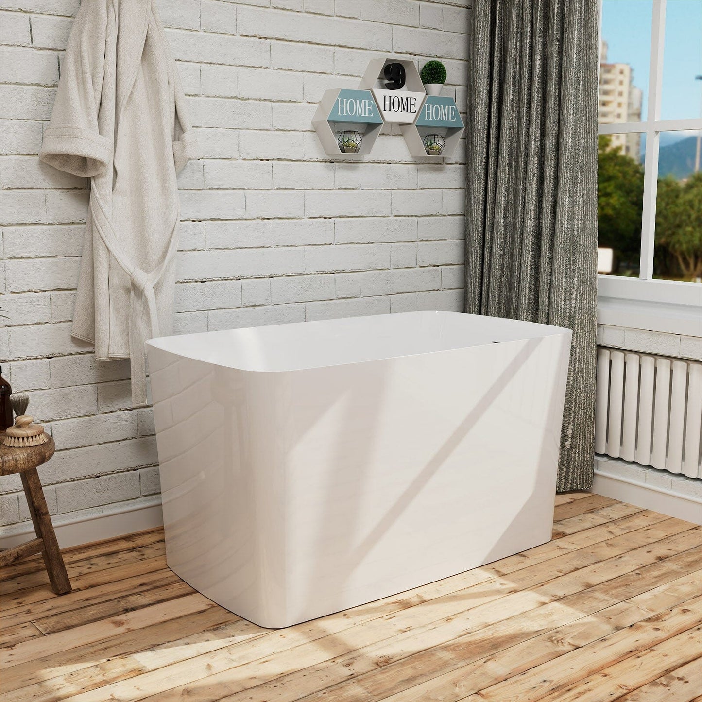 47'' Acrylic Freestanding Japanese Soaking Bathtub with Built-in Seat Glossy White