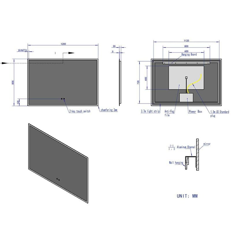 LED Light Bathroom Vanity Mirror Large Rectangular Frameless Anti Fog