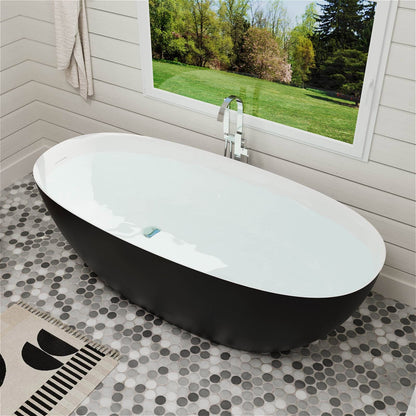 65'' Solid Surface Stone Resin Modern Oval Shaped Freestanding Soaking Bathtub with Overflow