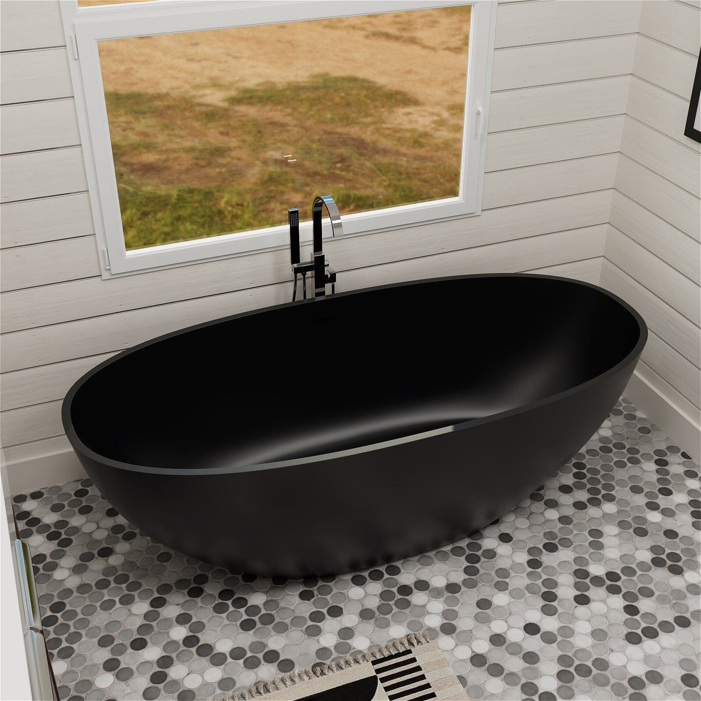 55'' Solid Surface Stone Resin Oval-shaped Freestanding Soaking Bathtub with Overflow