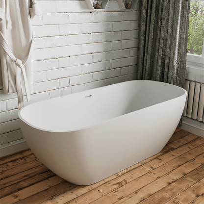 67'' Solid Surface Stone Resin Modern Oval Matte White Freestanding Soaking Bathtub with Overflow