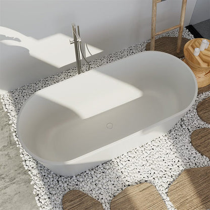 63'' Solid Surface Stone Resin Oval-shaped Matte White Freestanding Soaking Bathtub with Overflow