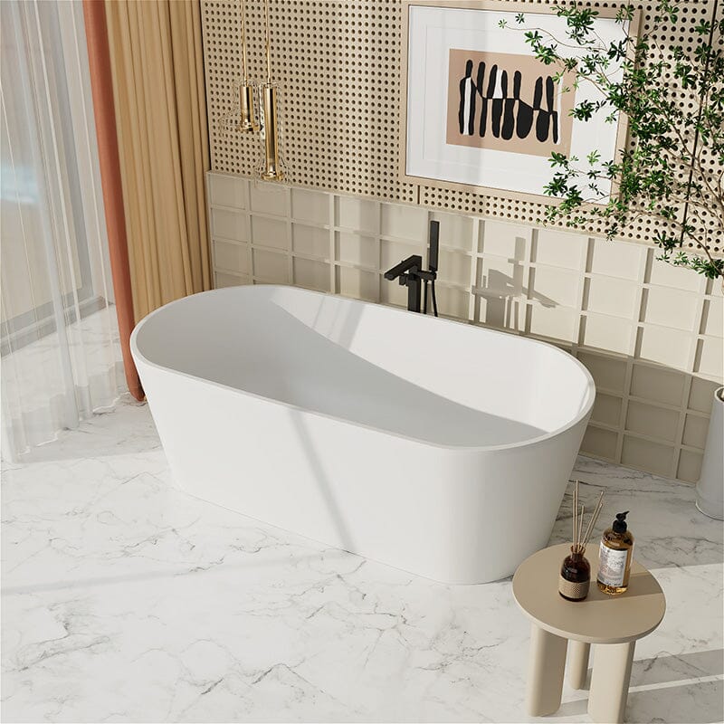 63'' Solid Surface Stone Resin Oval-shaped Matte White Freestanding Soaking Bathtub with Overflow