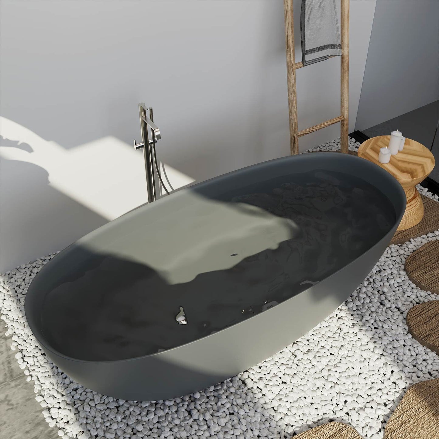 65'' Solid Surface Stone Resin Modern Oval Shaped Freestanding Soaking Bathtub with Overflow