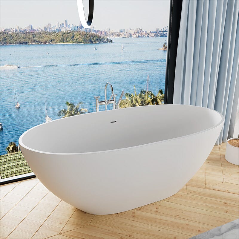 61'' Solid Surface Stone Resin Oval-shaped Matte White Freestanding Soaking Bathtub with Overflow