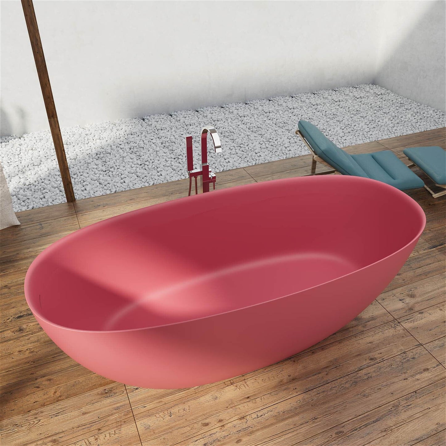 65'' Solid Surface Stone Resin Modern Oval Shaped Freestanding Soaking Bathtub with Overflow