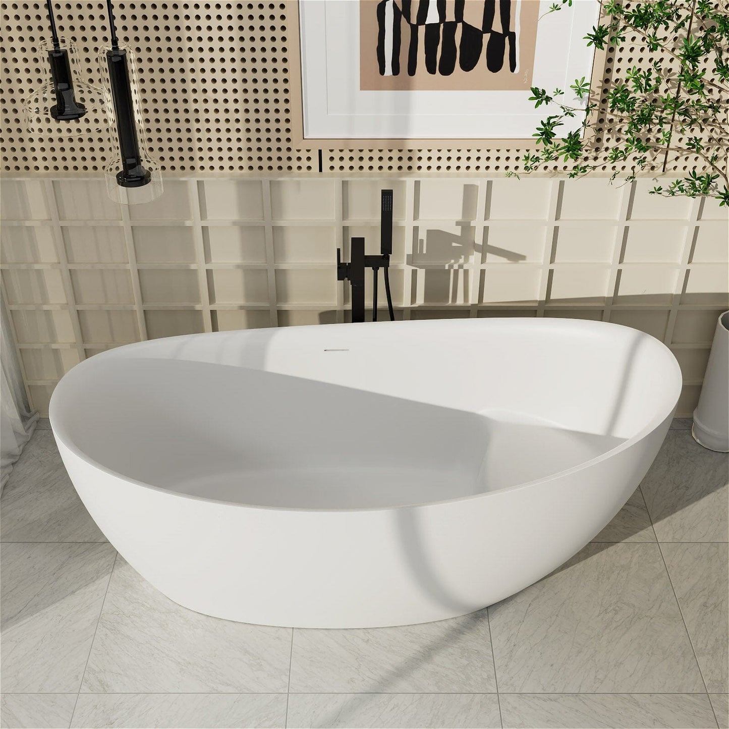 67'' Single Slipper Tub Solid Surface Stone Resin Freestanding Soaking Bathtub with Built-in Seat