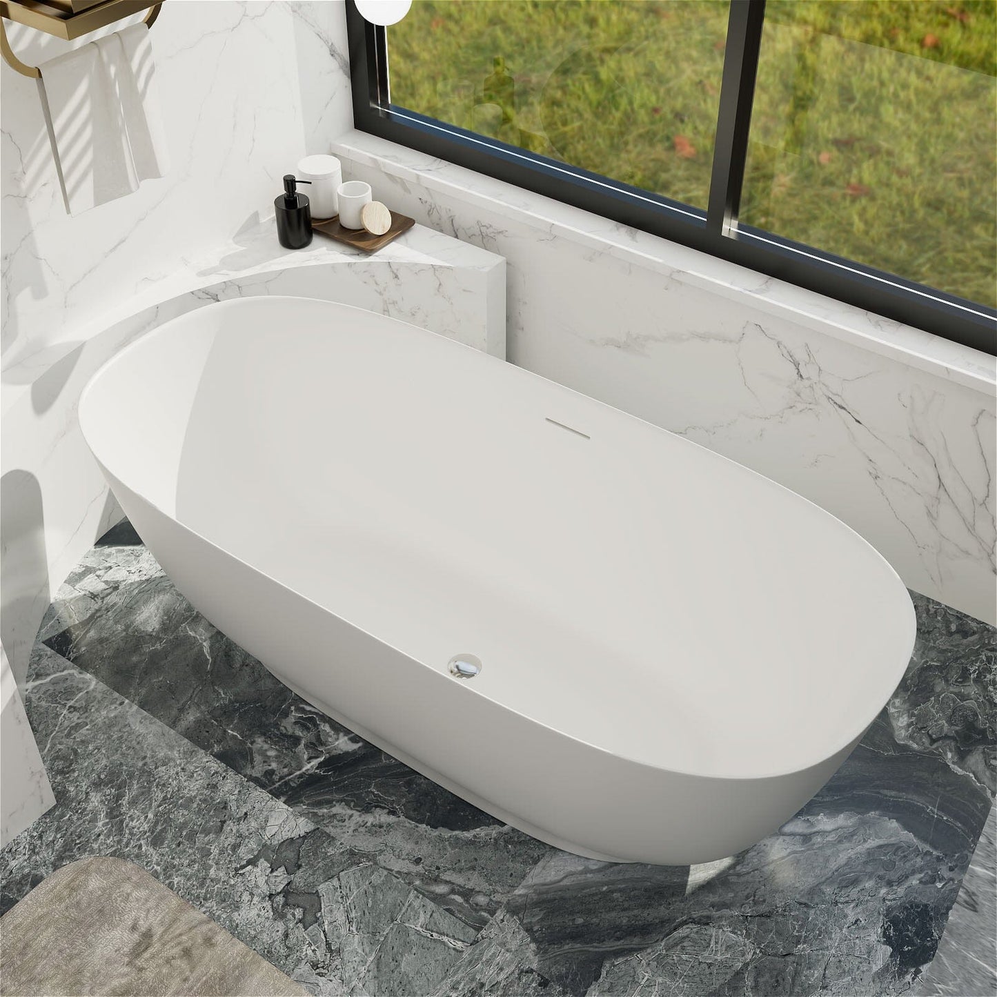 63'' Modern Freestanding Soaking Tub Solid Surface Stone Resin Bathtub Rounded Rectangle