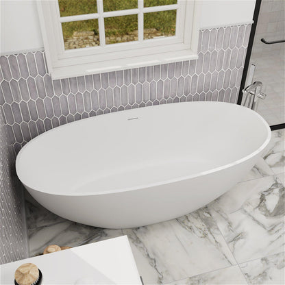 55'' Solid Surface Stone Resin Oval-shaped Freestanding Soaking Bathtub with Overflow