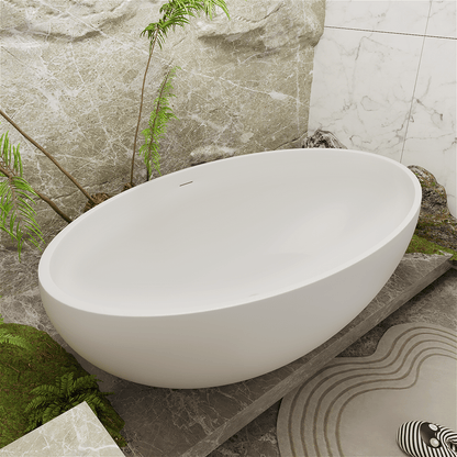 67'' Solid Surface Stone Resin Oval-shaped Matte White Freestanding Soaking Bathtub with Overflow