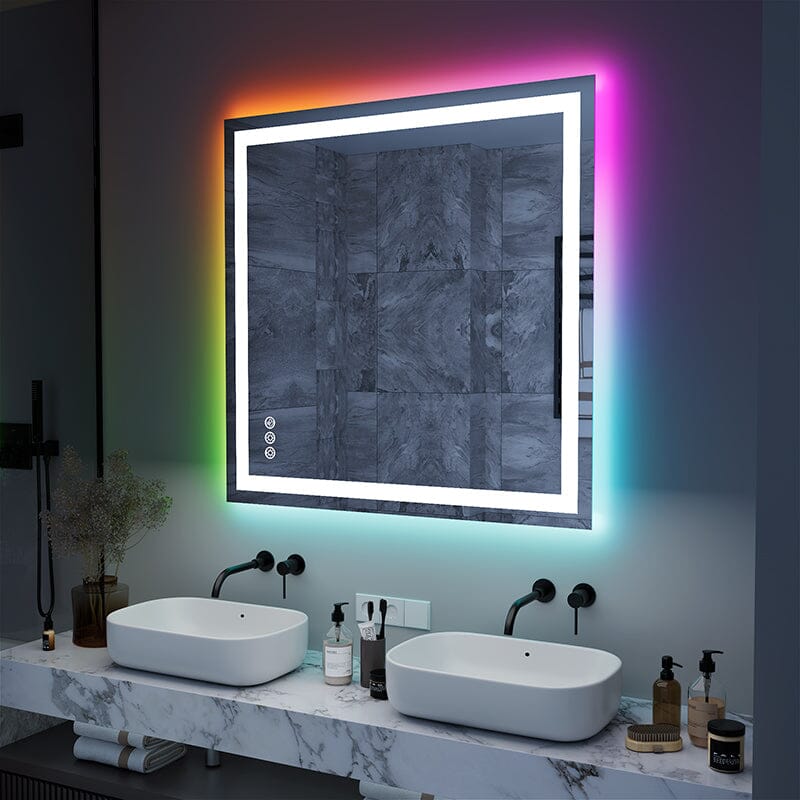 RGB LED Light Bathroom Vanity Mirror Rectangular Frameless Anti Fog