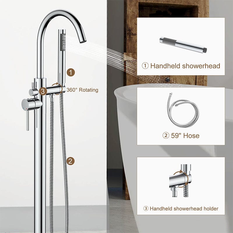 Freestanding Tub Filler Floor Mount Bathtub Faucet with Handheld Shower Chrome