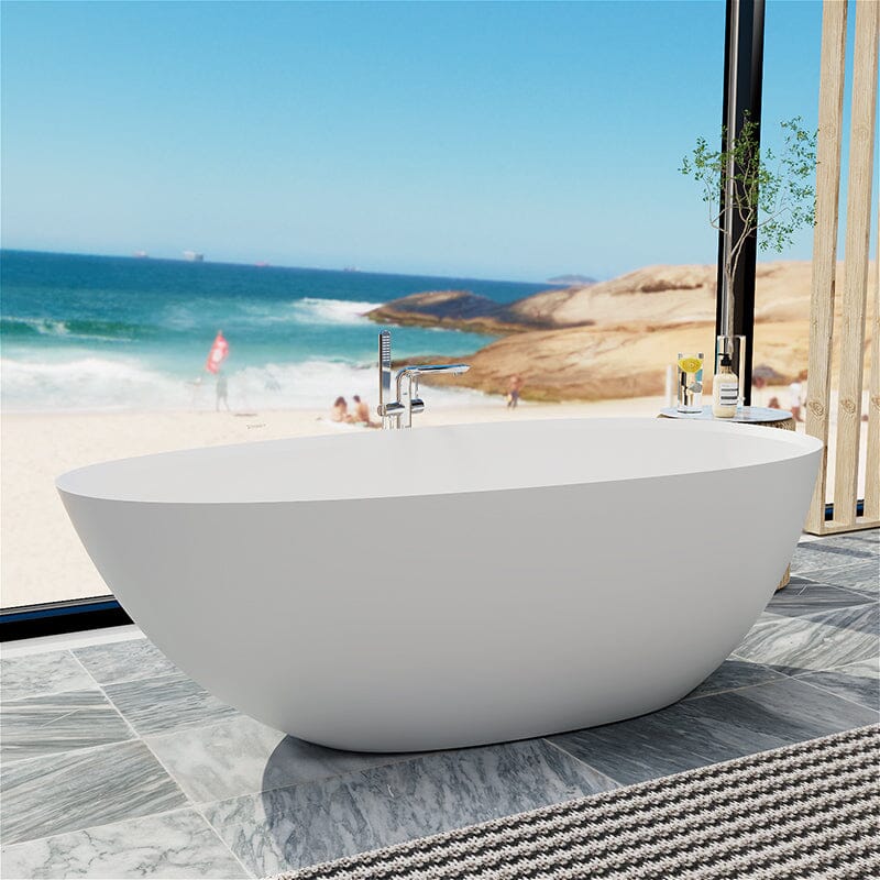 67'' Solid Surface Stone Resin Modern Egg Shaped Freestanding Soaking Bathtub with Overflow