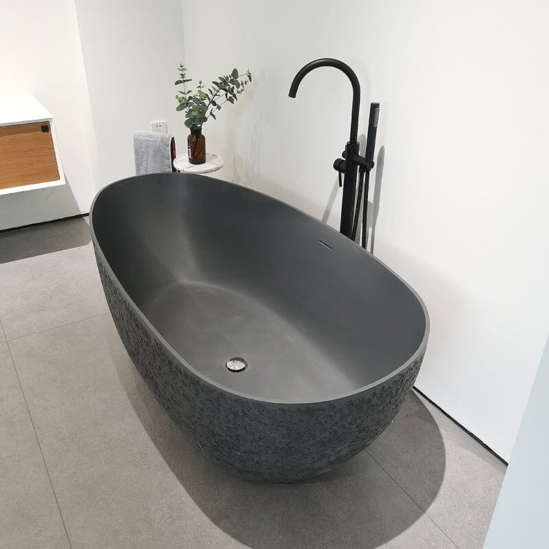 67'' Modern Art Pattern Concrete Gray Solid Surface Egg Shaped Freestanding Soaking Bathtub