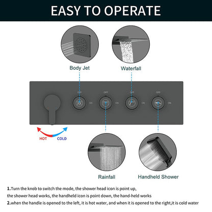 23'' Wall Mounted Waterfall Rain Shower System With 3 Body Sprays & Hand Shower