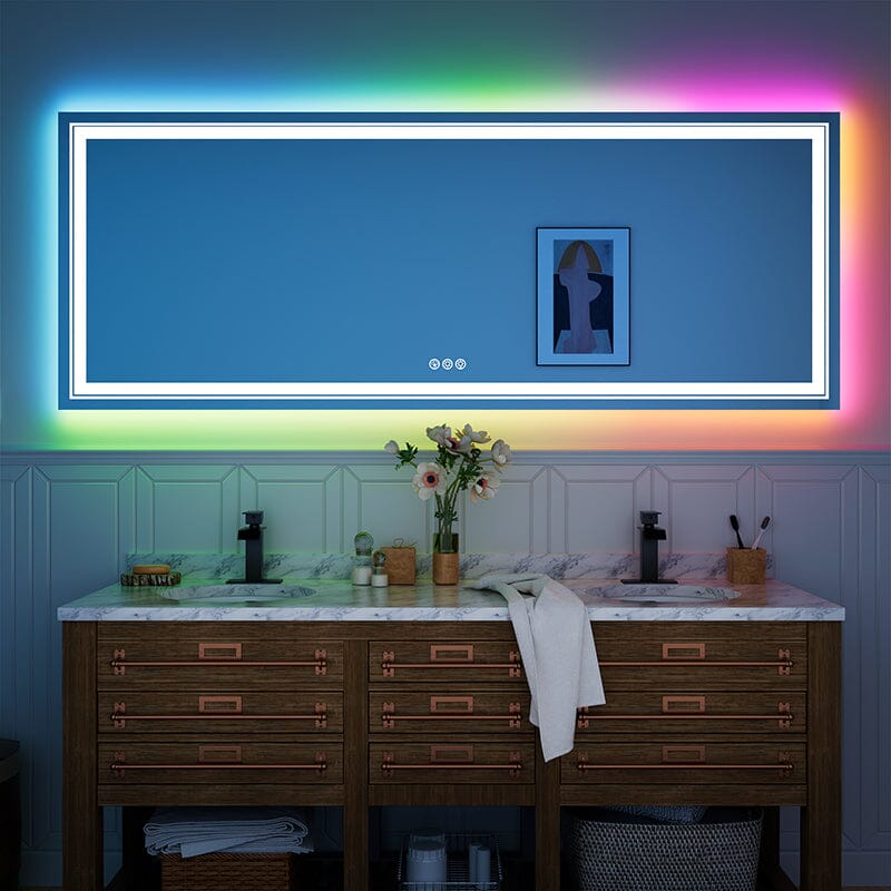 RGB LED Light Bathroom Vanity Mirror Large Rectangular Frameless Anti Fog