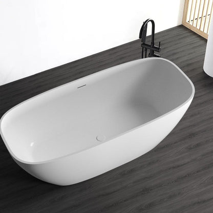 67'' Solid Surface Stone Resin Modern Oval Matte White Freestanding Soaking Bathtub with Overflow