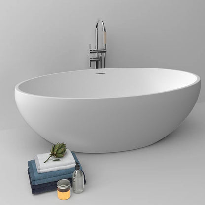 67'' Solid Surface Stone Resin Oval-shaped Matte White Freestanding Soaking Bathtub with Overflow