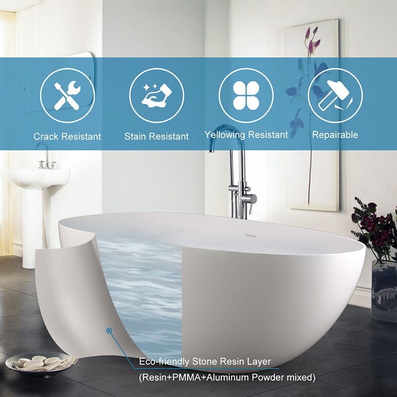 71'' Solid Surface Stone Resin Oval-shaped Freestanding Soaking Bathtub with Overflow