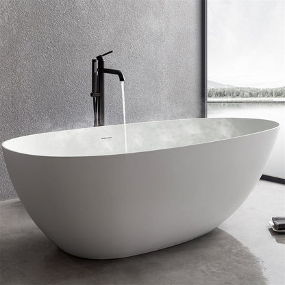 67'' Solid Surface Stone Resin Oval-shaped Matte White Freestanding Soaking Bathtub with Overflow