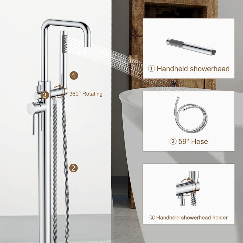 Freestanding Tub Filler Floor Mount Chrome Bathtub Faucet with Handheld Shower