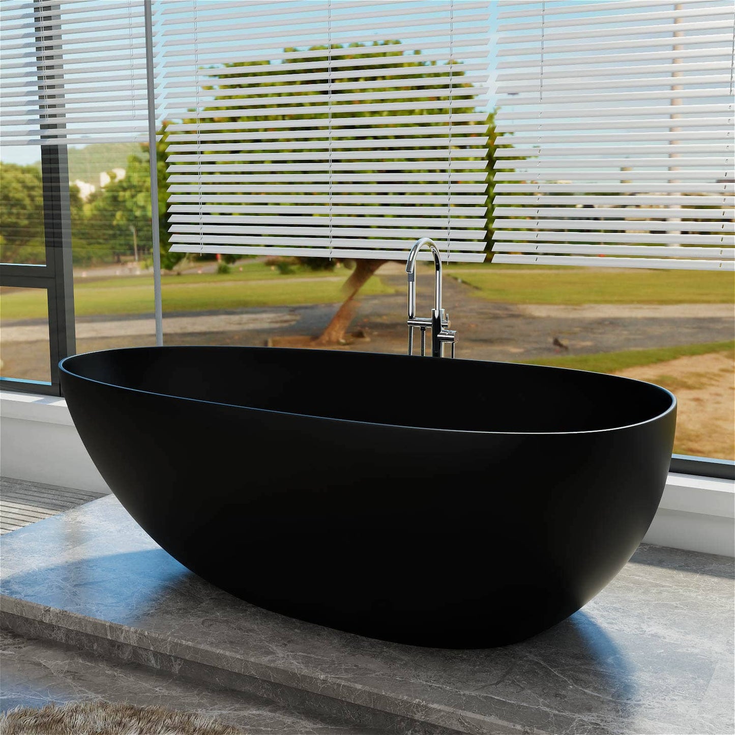 59"/67" Black Bathtub Egg Shaped Solid Surface freestanding Soaking Tub