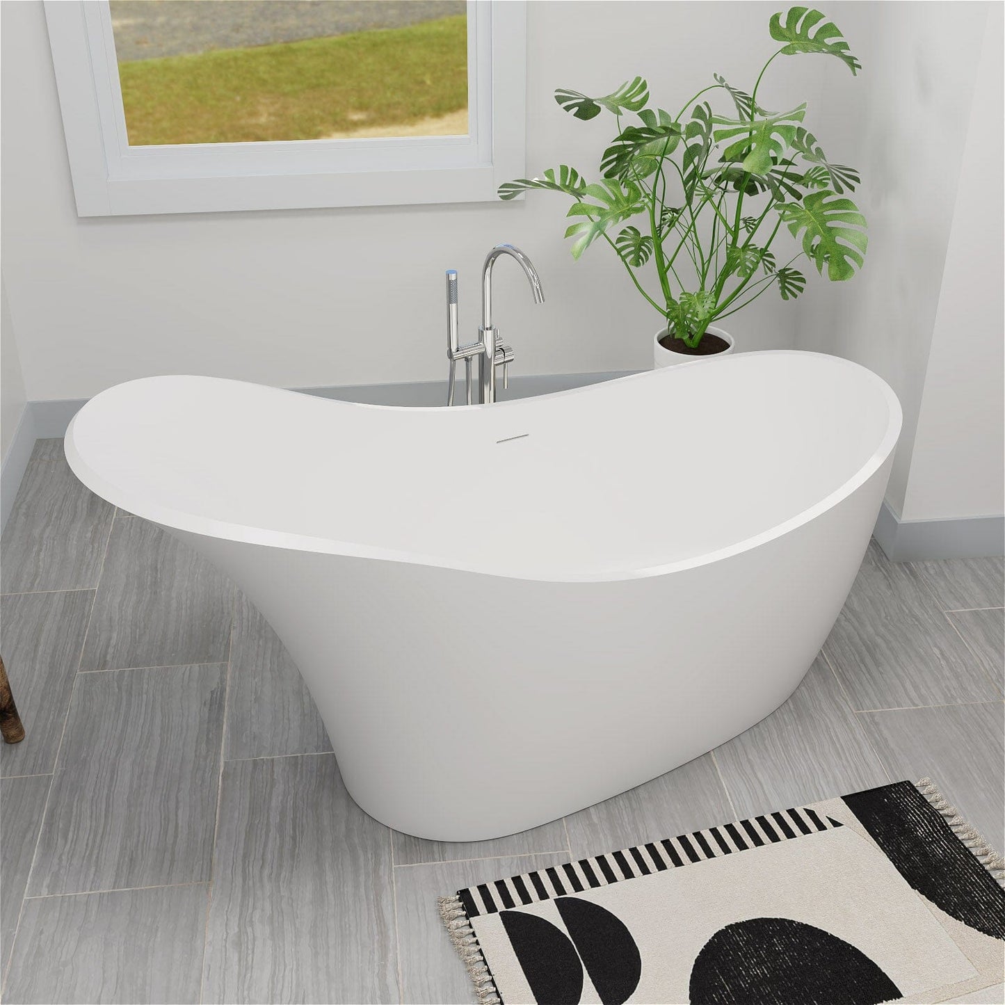 66'' Single Slipper Tub Solid Surface Stone Resin Freestanding Soaking Bathtub Comfortable Backrest