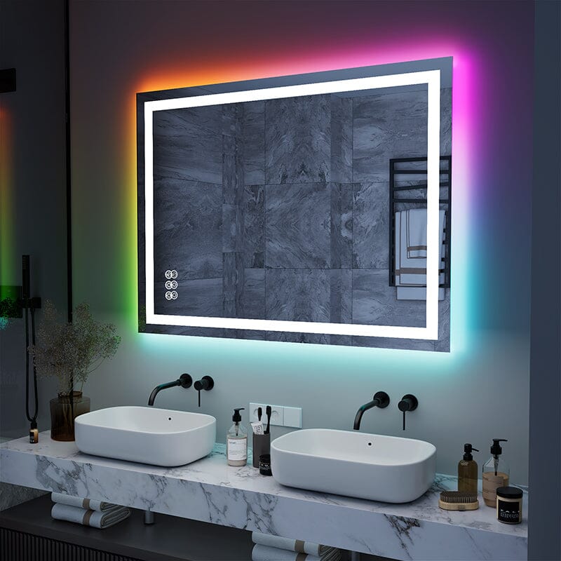 RGB LED Light Bathroom Vanity Mirror Rectangular Frameless Anti Fog