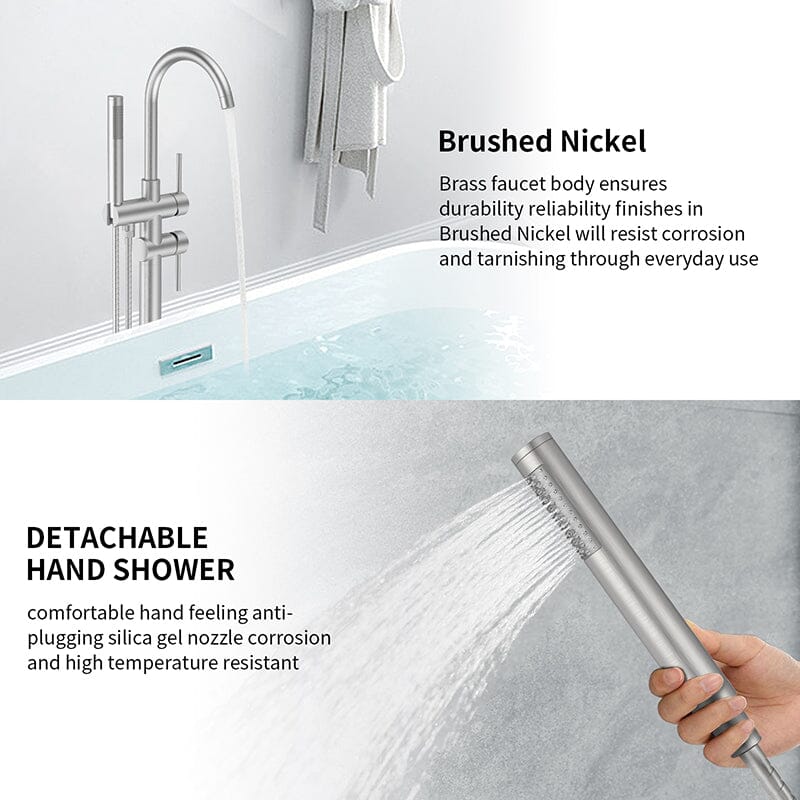 Floor Mount Bathtub Faucet Freestanding Tub Filler Brushed Nickel with Handheld Shower Swivel Spout