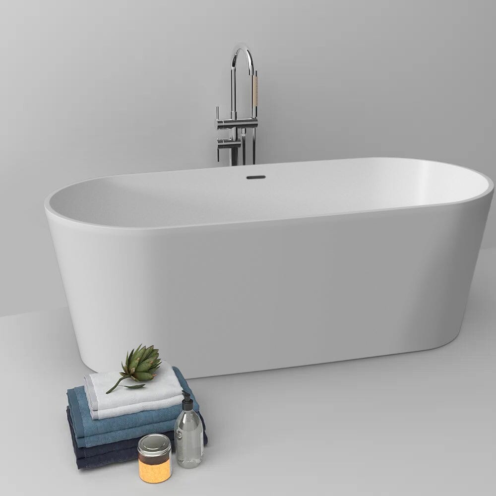 63'' Solid Surface Stone Resin Oval-shaped Matte White Freestanding Soaking Bathtub with Overflow