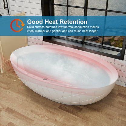 67'' Large Oval Tub Solid Surface Stone Resin Freestanding Soaking Bathtub