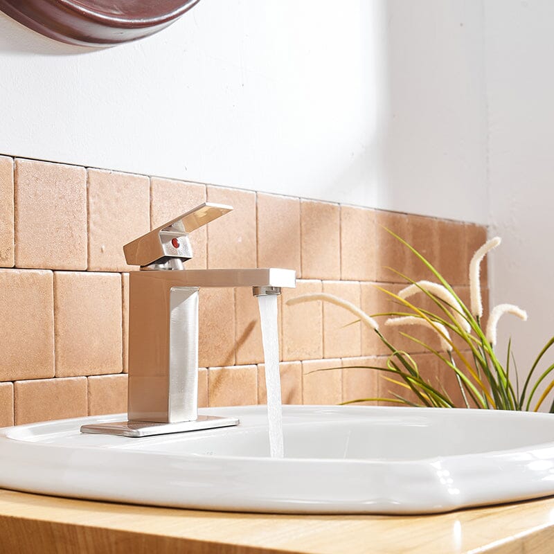 Modern Single Hole Low Arc Bathroom Sink Faucet Single Handle Solid Brass with Pop Up Drain