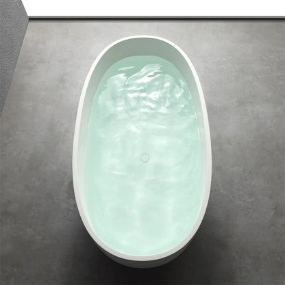 61'' Solid Surface Stone Resin Oval-shaped Matte White Freestanding Soaking Bathtub with Overflow