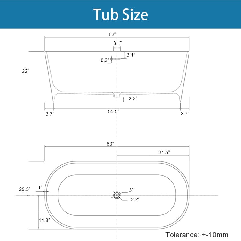 63'' Solid Surface Stone Resin Oval-shaped Matte White Freestanding Soaking Bathtub with Overflow