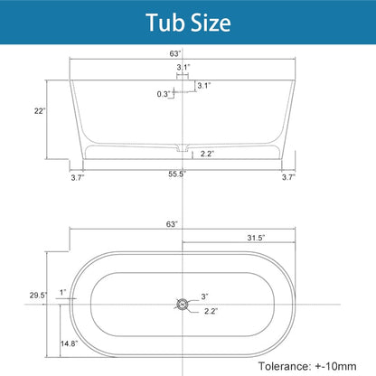 63'' Solid Surface Stone Resin Oval-shaped Matte White Freestanding Soaking Bathtub with Overflow