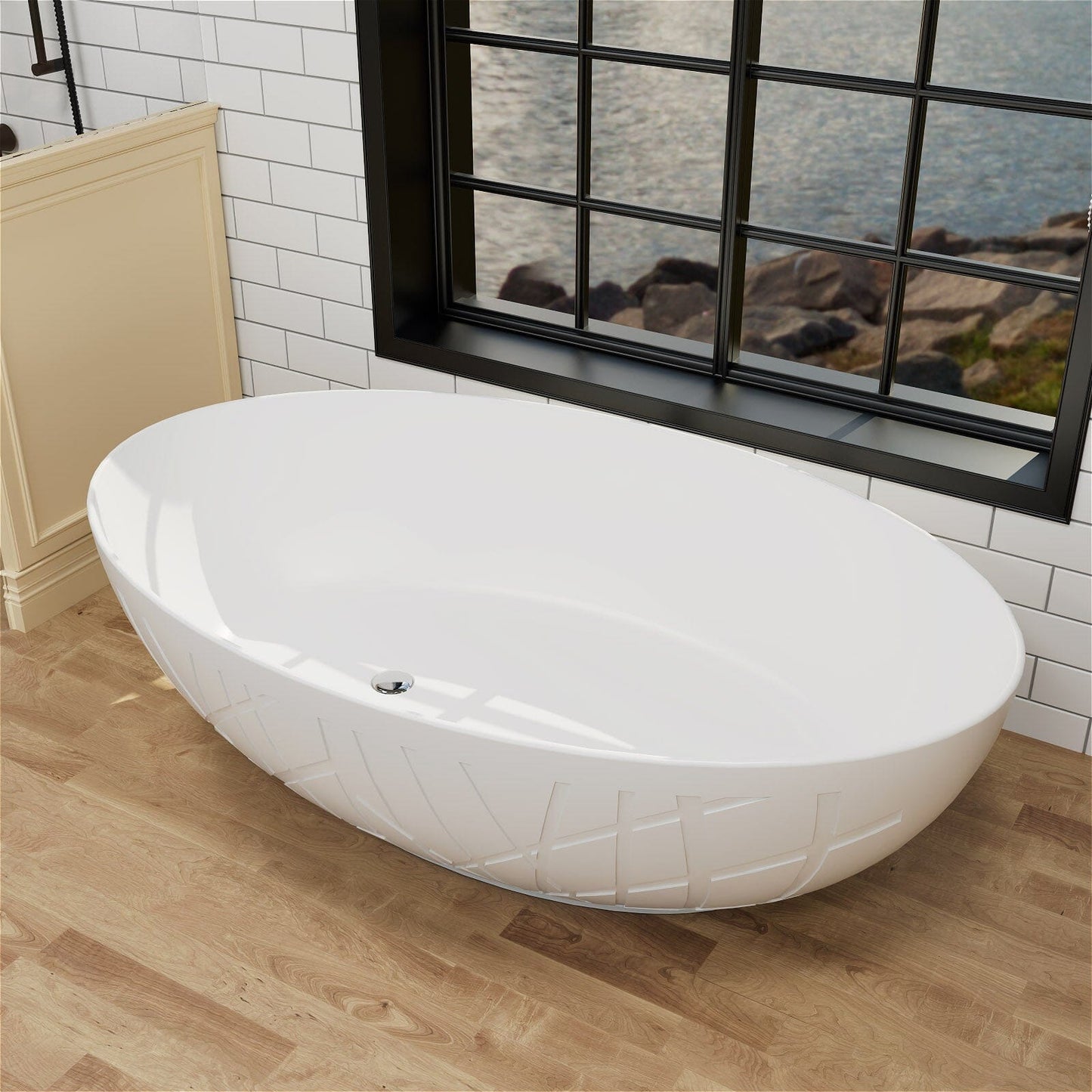 67'' Large Oval Tub Solid Surface Stone Resin Freestanding Soaking Bathtub