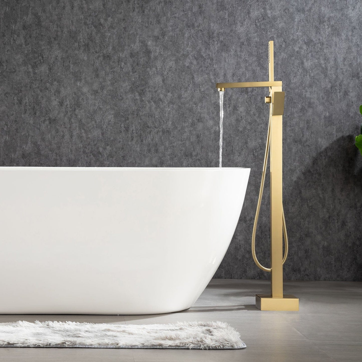 180° Rotation Brushed Gold Modern Freestanding Tub Filler Faucet with Hand Shower