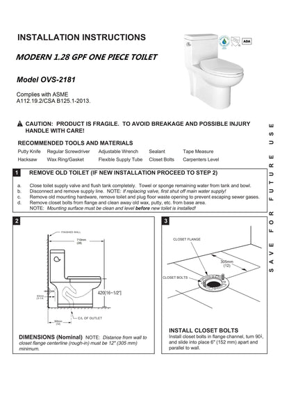 1.28 GPM (Water Efficient) One-Piece ADA Elongated  Toilet, Soft Close Seat Included (cUPC Approved) - 28"x 14.5"x 29"