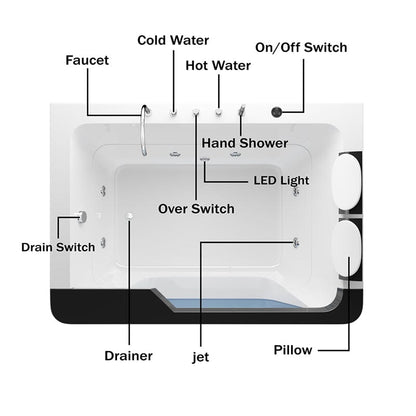 67'' Alcove Whirlpool Tub Air Jet Massage Bathtub with Hand Shower and Led Light