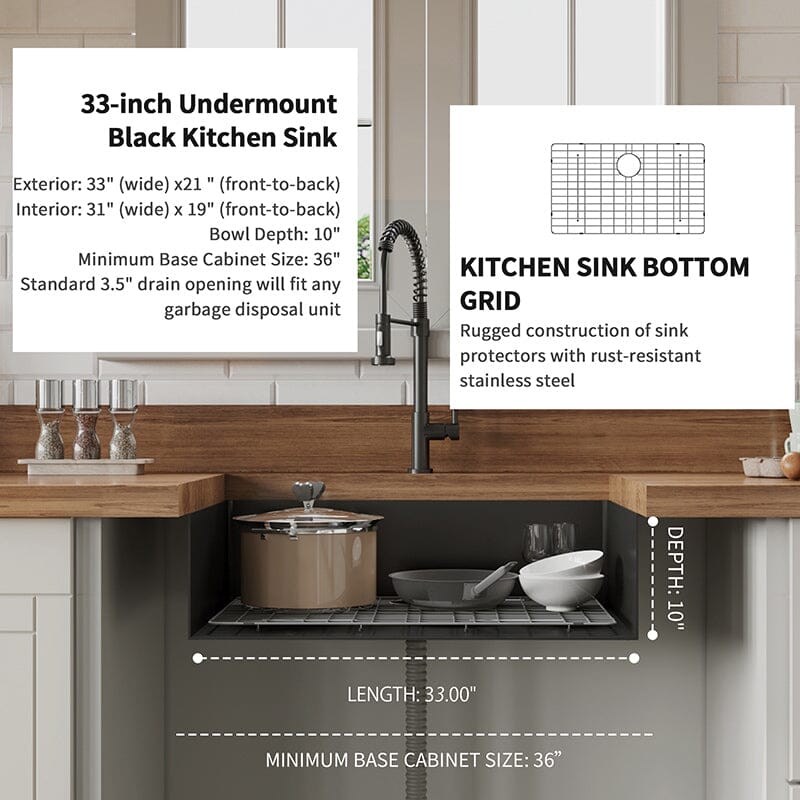 33" x 21" Undermount Kitchen Sink 16 Gauge Stainless Steel Single Bowl with Bottom Grid, Roll-up Rack, Drainer