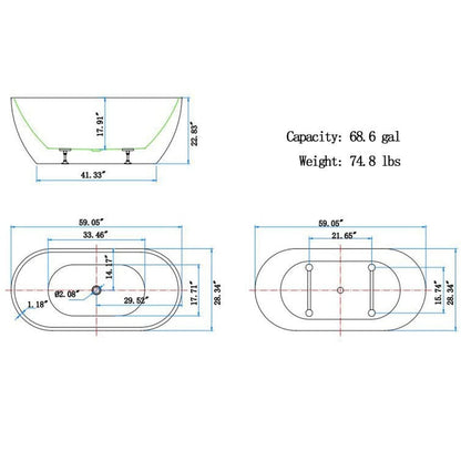 59" Oval Center Drain Soaking Freestanding Tub Acrylic