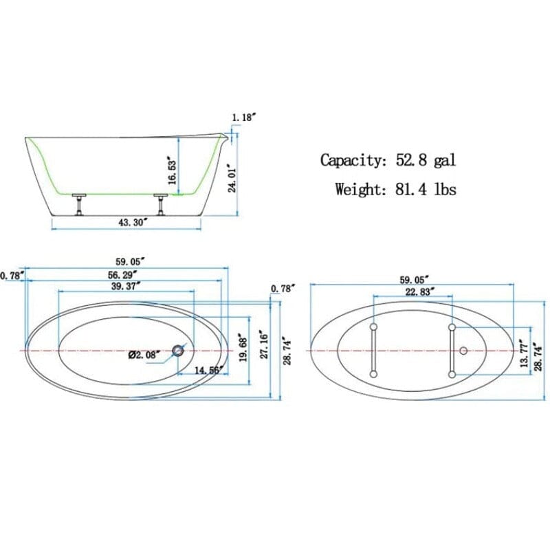 59" Acrylic Oval Shape Freestanding Soaking Bathtub with Overflow