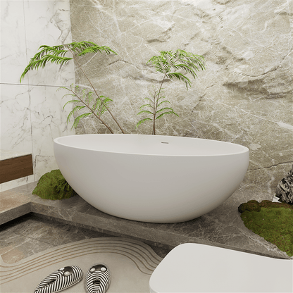 67'' Solid Surface Stone Resin Oval-shaped Matte White Freestanding Soaking Bathtub with Overflow