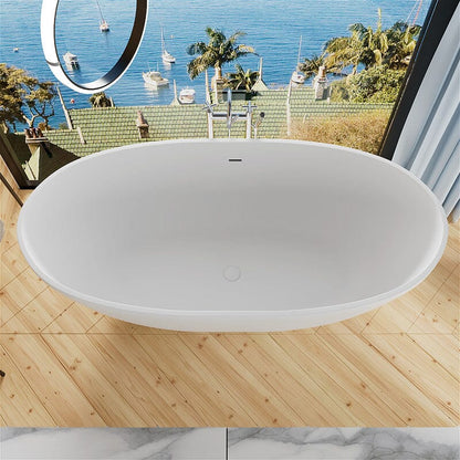 61'' Solid Surface Stone Resin Oval-shaped Matte White Freestanding Soaking Bathtub with Overflow