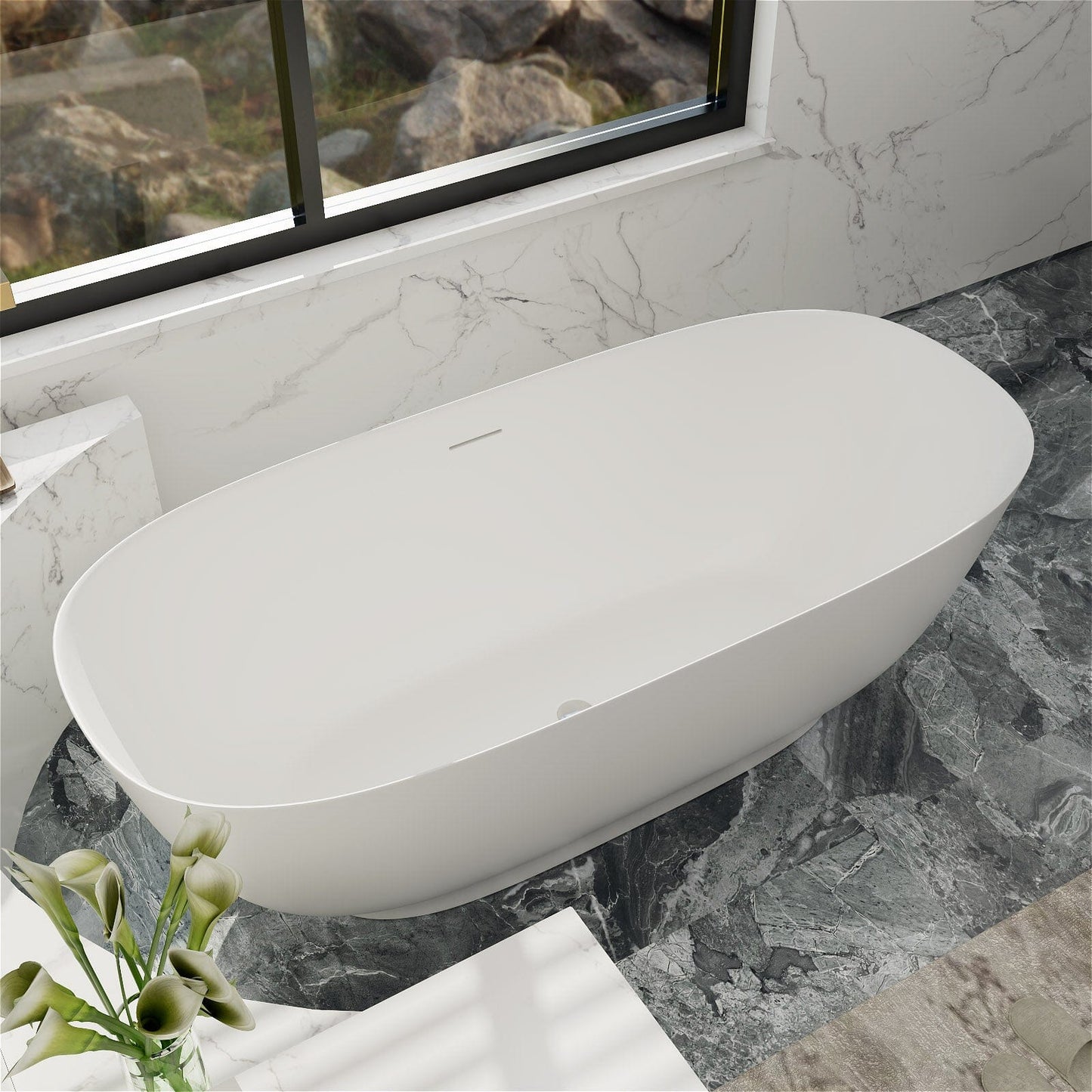 63'' Modern Freestanding Soaking Tub Solid Surface Stone Resin Bathtub Rounded Rectangle