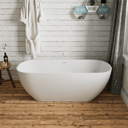 67'' Solid Surface Stone Resin Modern Oval Matte White Freestanding Soaking Bathtub with Overflow