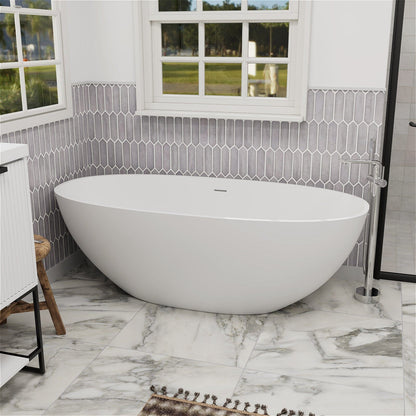 55'' Solid Surface Stone Resin Oval-shaped Freestanding Soaking Bathtub with Overflow