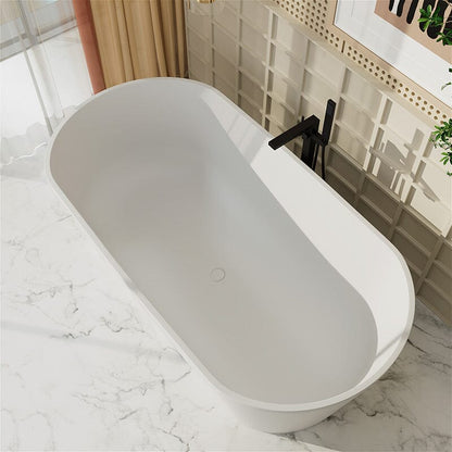 63'' Solid Surface Stone Resin Oval-shaped Matte White Freestanding Soaking Bathtub with Overflow